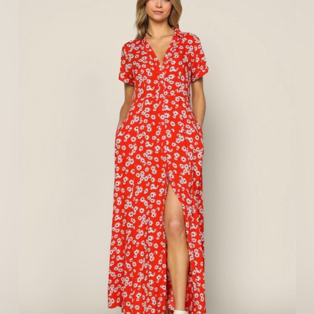 Skies Are Blue Maxi Dress Blood Orange Red Button Up Floral Size XS